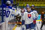 Slovenskí hokejisti do 20 rokov oslavujú gól.