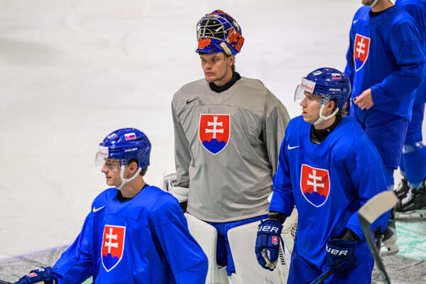 V strede brankár Eugen Rabčan počas tréningu Slovenska.