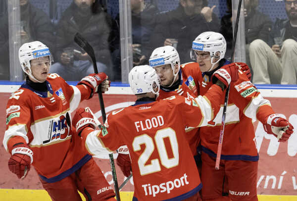Hokejisti Liptovského Mikuláša sa tešia z gólu.