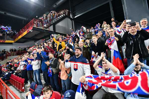 Slovenskí fanúšikovia sa tešia z druhého gólu.
