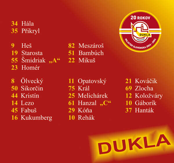 Majstrovský káder Dukly Trenčín zo sezóny 2003/04.